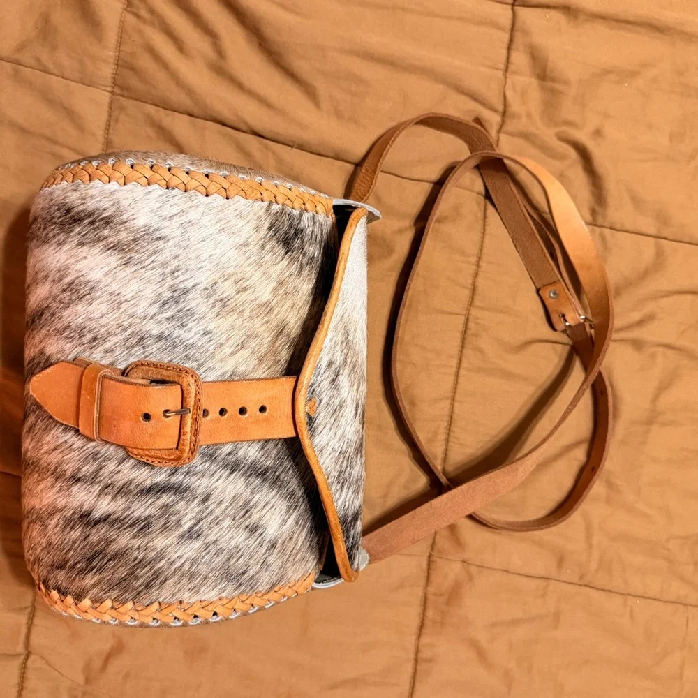 Leather and Cowhide Crossbody Bucket Bag in Tan